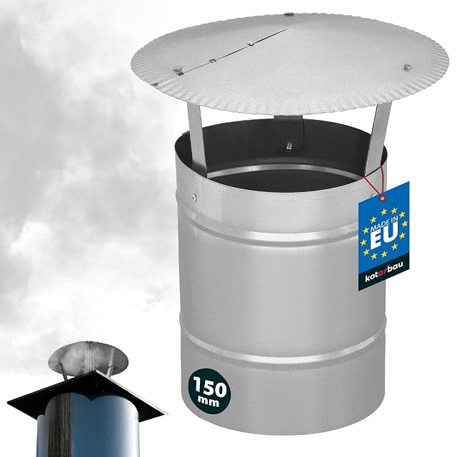 Un cappello antipioggia da camino in acciaio zincato argentato, con tubo da 150 millimetri e cappello da 230 millimetri