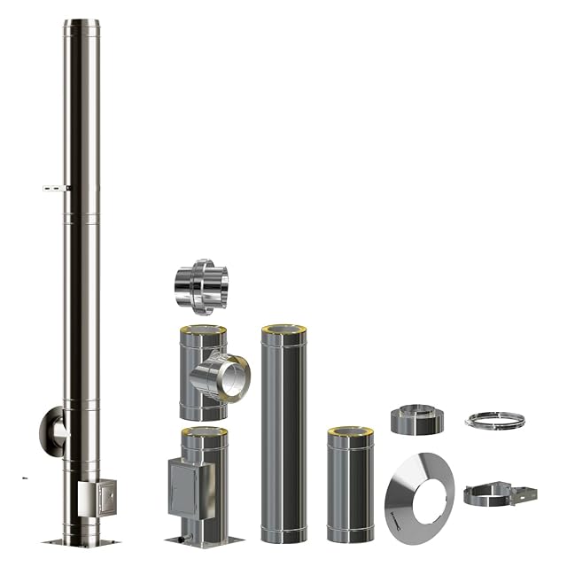 Un kit di camino a doppia parete in acciaio inox lucido, con diametro interno di 120 millimetri e lungo 3,7 metri
