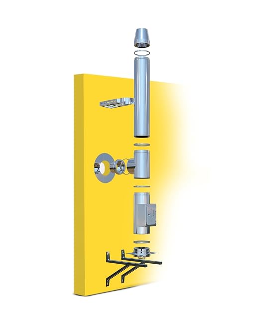 Un kit completo di camino in acciaio inox a doppia parete, con diametro interno di 150 millimetri