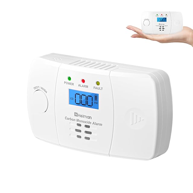 Rilevatore di monossido di carbonio Heiman bianco, con display LCD rettangolare e spia di stato a tre colori