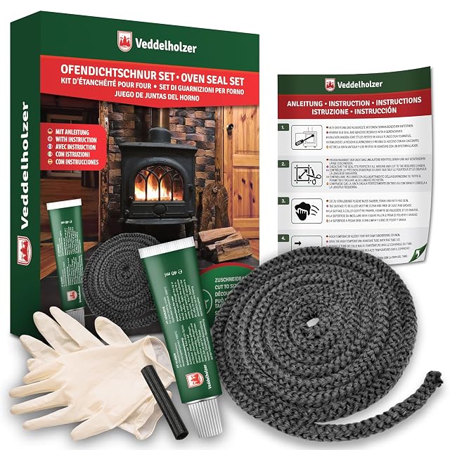 Un kit completo di cordone per porta di stufa: un cordone tondo da due metri e mezzo, colla ad alta temperatura, guanti, manicotto terminale e istruzioni