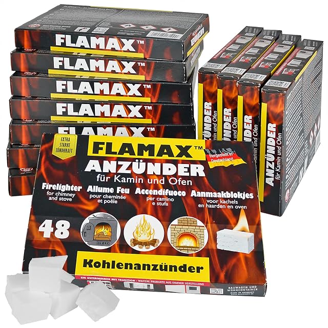 Confezioni di cubetti accendifuoco pressati FLAMAX, quarantotto cubetti per confezione