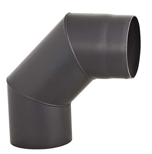 Una curva nera rigida a novanta gradi per tubo stufa, da centosessanta millimetri, in acciaio da due millimetri