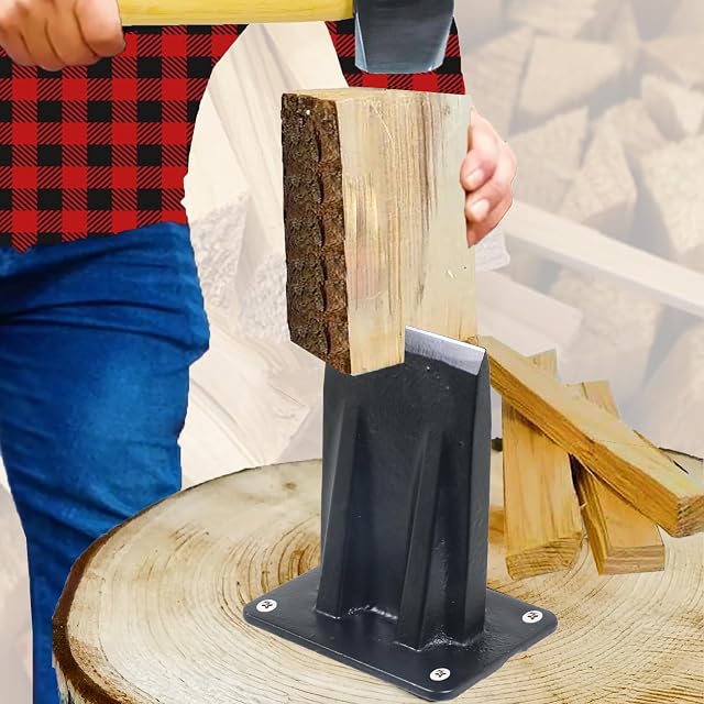 Cuneo da spacco in ghisa verniciata a polvere nera, imbullonato a un ceppo di legno, con cappuccio di sicurezza montato
