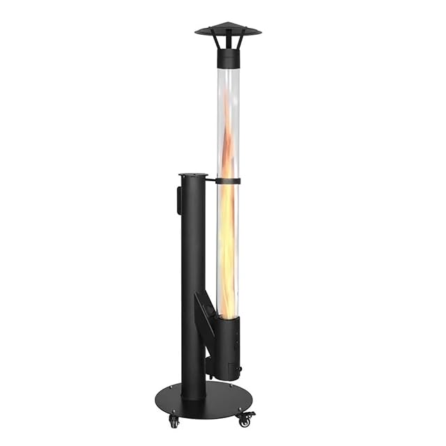 Stufa a pellet QH HeatRocket P07 nera e cilindrica, in piedi su ruote pivotanti