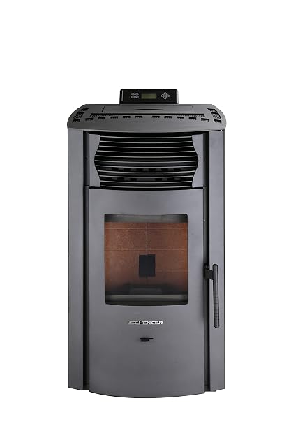 Stufa a pellet Schenger HP51 nera, con pannello di comando sopra una finestra rettangolare del focolare