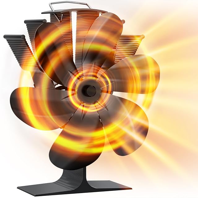 Ventilatore per stufa DZKKIUR nero con sei pale in alluminio, appoggiato su un piano di stufa
