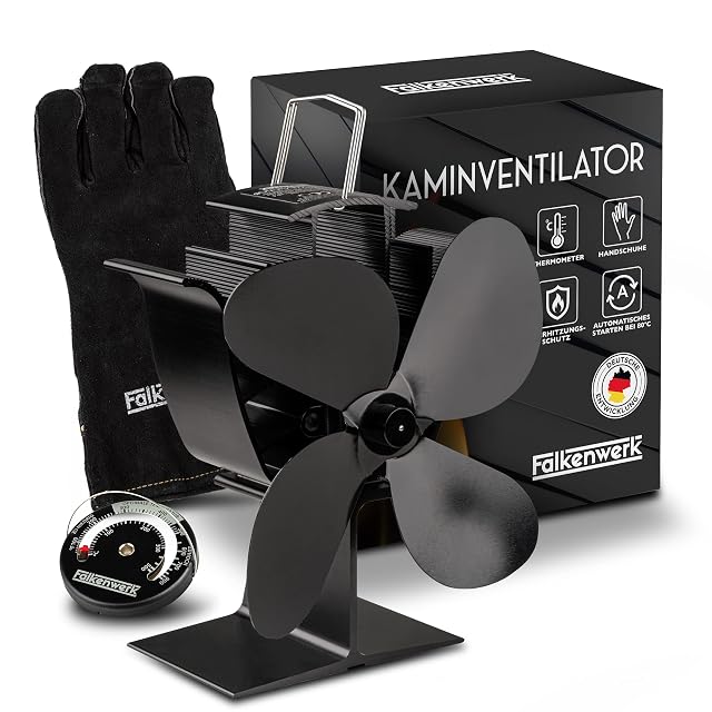 Ventilatore per stufa Falkenwerk nero, fornito con un termometro da stufa magnetico e tondo e un guanto resistente al calore