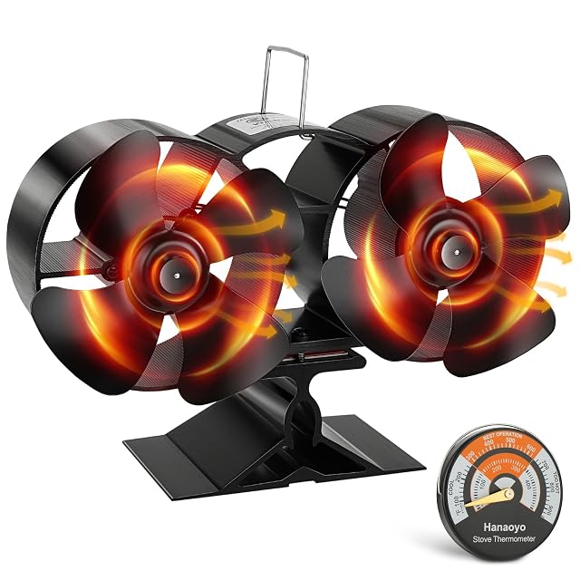 Ventilatore per stufa Hanaoyo in alluminio anodizzato, con otto pale su due motori e un termometro da stufa magnetico