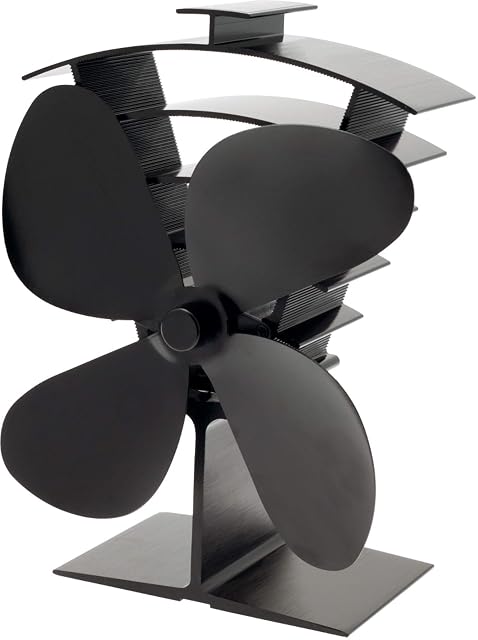 Ventilatore per stufa Valiant Premium 4 nero e compatto, con quattro pale su un corpo basso in alluminio