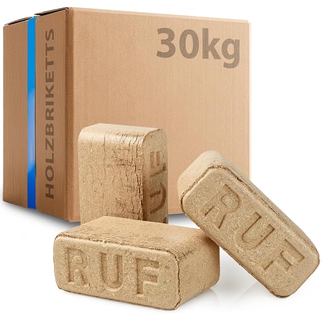 Una confezione da trenta chili senza plastica di bricchette di legno duro in forma RUF fatte di trucioli di faggio e rovere