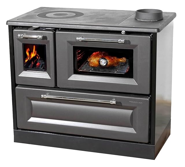 Una cucina a legna antracite con piano di cottura in ghisa, forno con vetro e termometro, da 7,7 kilowatt
