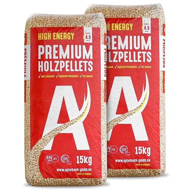 Due sacchi da quindici chili di pellet premium di produzione bavarese certificati ENplus A1 e DINplus
