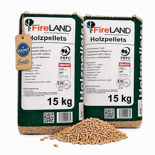 Due sacchi da quindici chili di pellet ENplus A1 da 6 mm fatti di sottoprodotti di legno duro e legno tenero