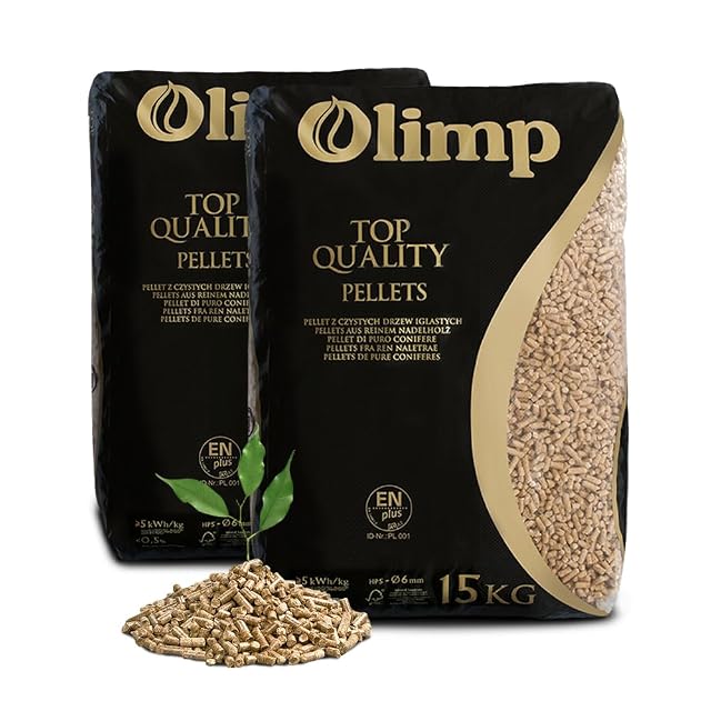 Due sacchi da quindici chili di pellet di legno premium Olimp da 6 mm in imballaggio resistente alle intemperie
